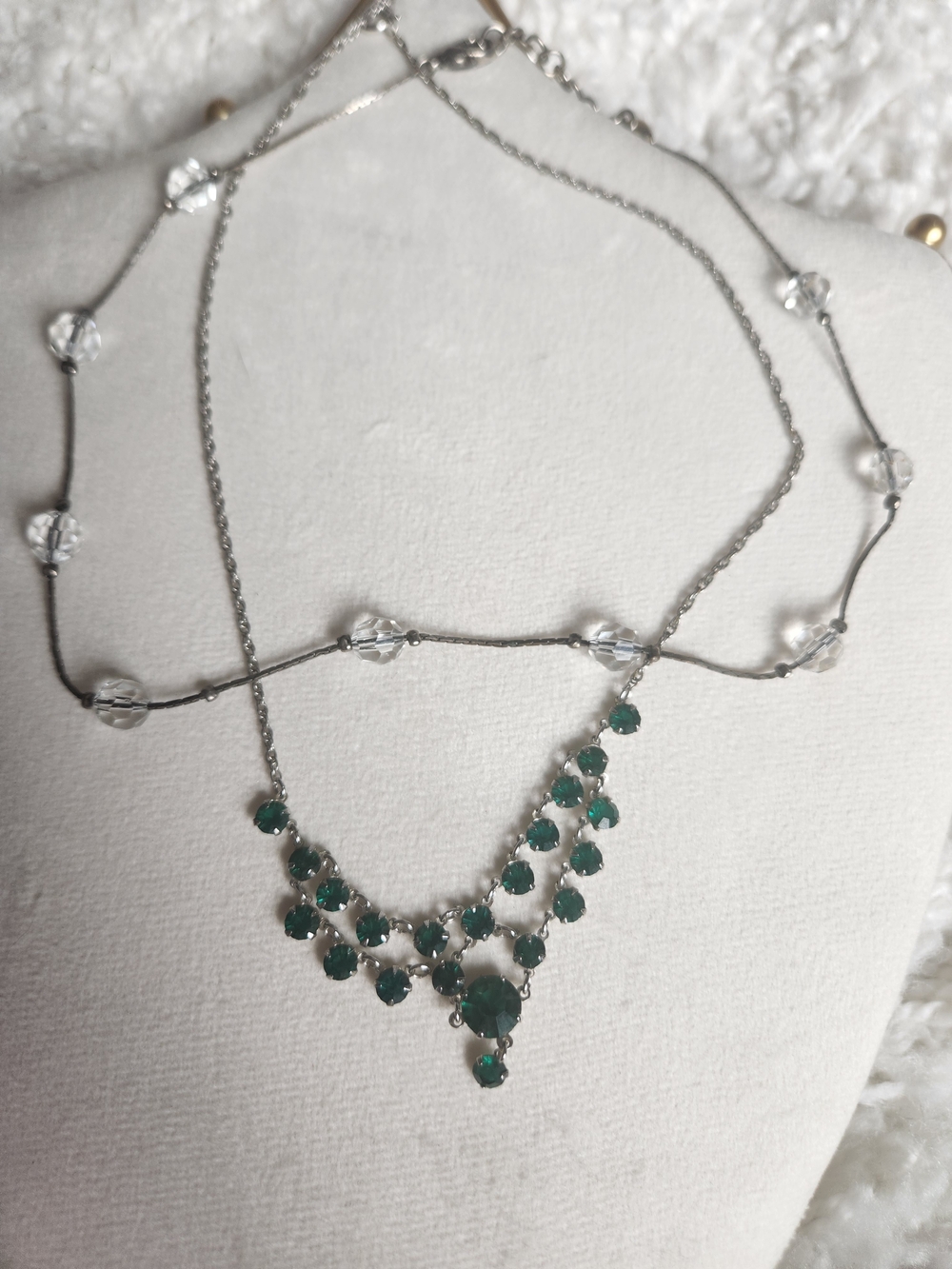 VTG Silver & Emerald Green Rhinestone Bib Necklace Coquette Layering Boho - Picture 8 of 10